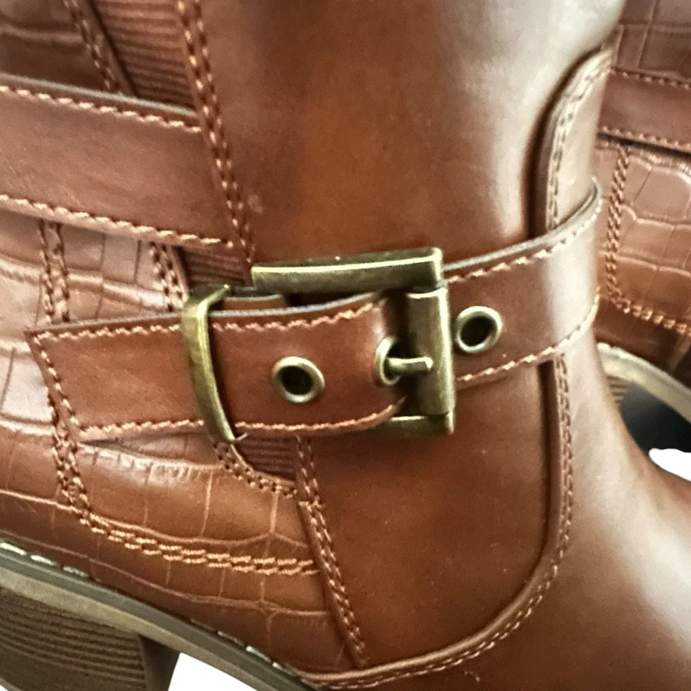 Brown Faux Leather Knee High‎ Boots Women's Buckle Detail Crocodile Embossed